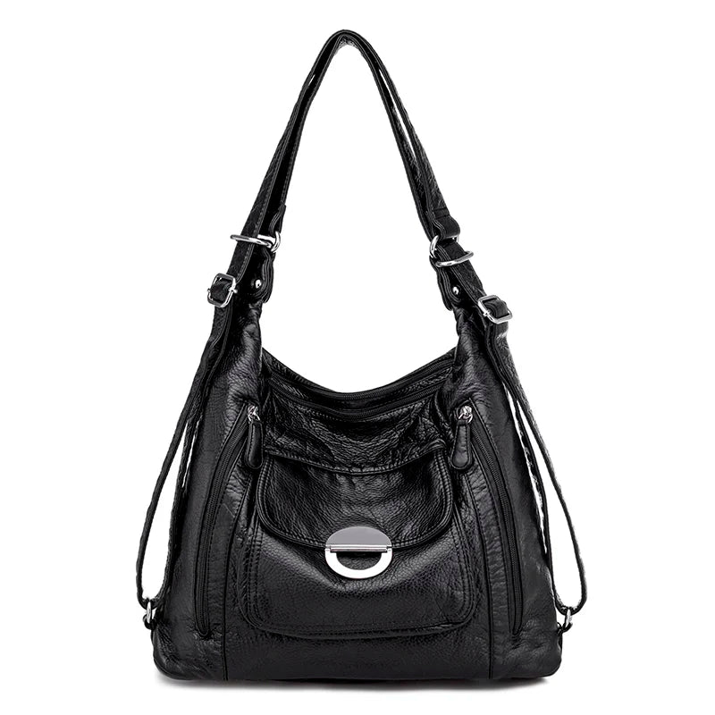 Genuine Leather Shoulder Handbag with Multiple Pockets - Black