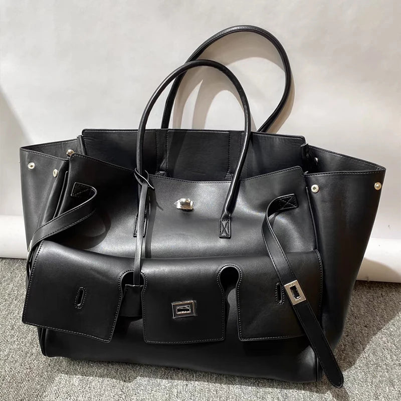 Handbag with Silver Buckle and Structured Compartment