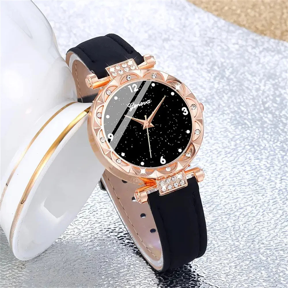 Wristwatch with Rhinestone Bezel Leather Strap