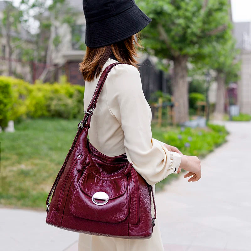 Genuine Leather Shoulder Handbag with Multiple Pockets