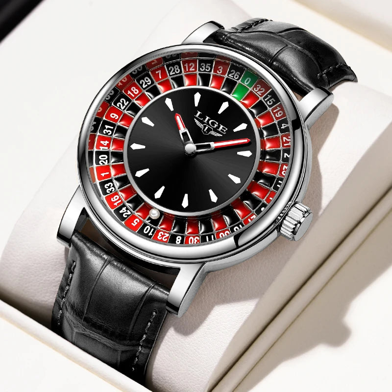 Quartz Roulette Dial Watch with Leather Strap