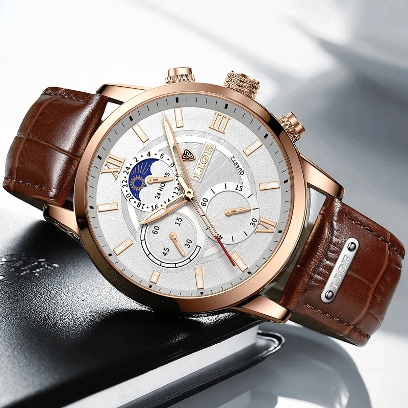 Elegant Moon Phase Chronograph Watch with Leather Strap