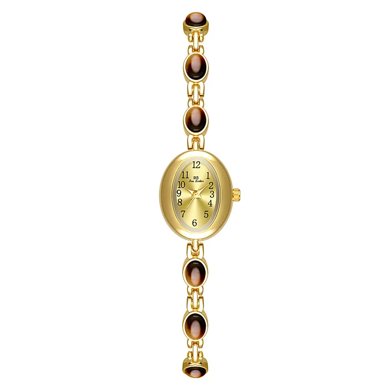 Elegant Ladies Watch Bracelet with Multicolor Beads - Brown Gold