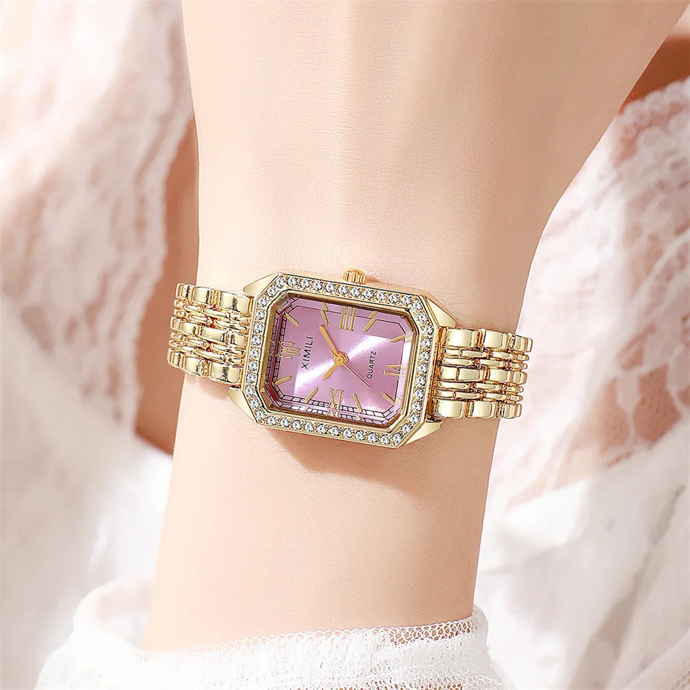 Diamond Bezel Gold Watch for Women Quartz Wristwatch - Gold Pink
