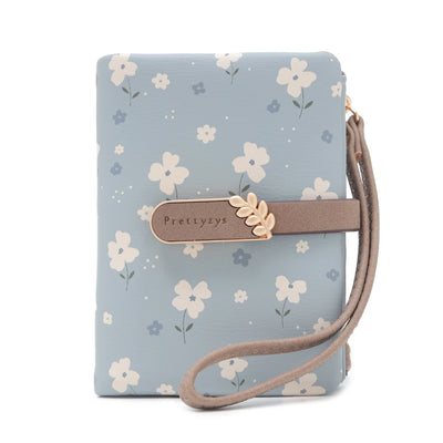 Floral Wallet with Leaf Flower Pattern Zipper - Blue