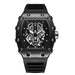 Skeleton Dial Sport Watch with Rubber Strap Tonneau - Black
