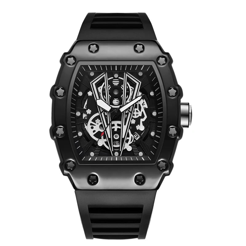 Skeleton Dial Sport Watch with Rubber Strap Tonneau - Black