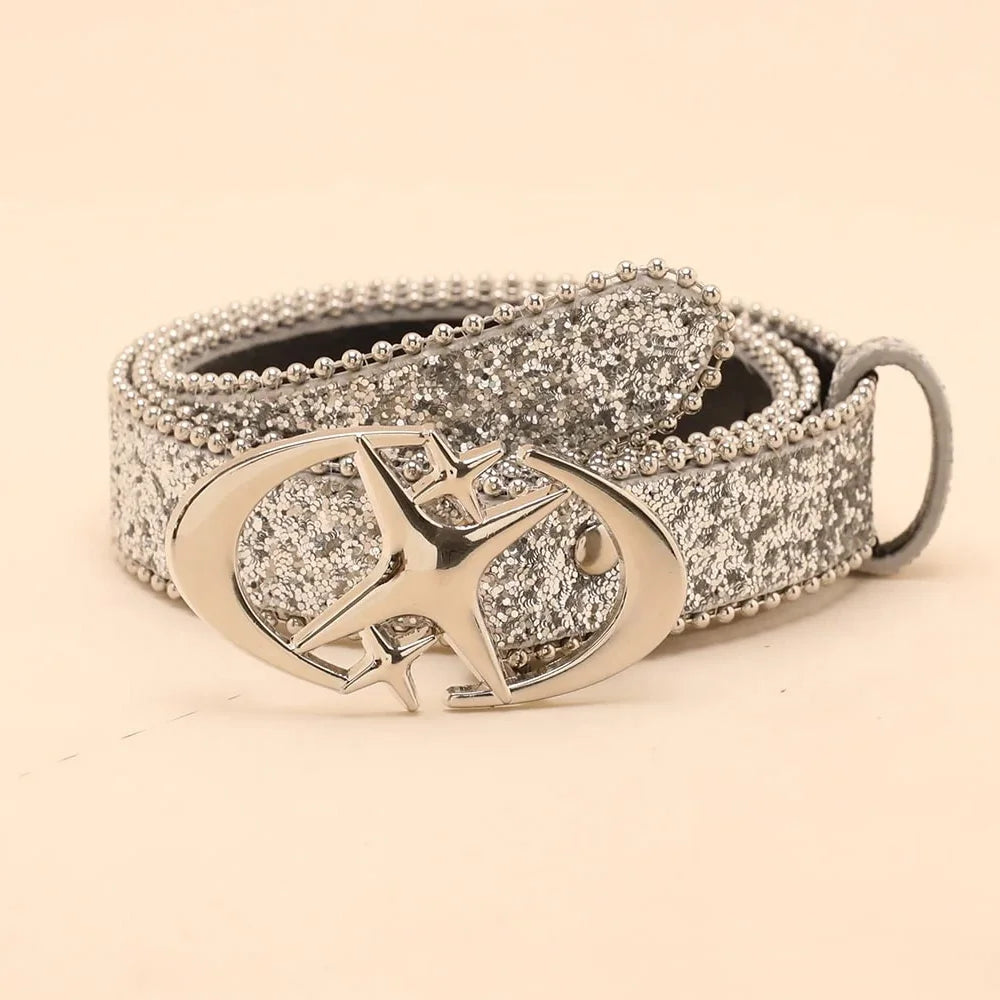 Sequin Belt with Glitter Star Buckle for Women