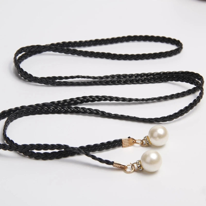 Braided Pearl End Belt with Hanging Pearl Charms