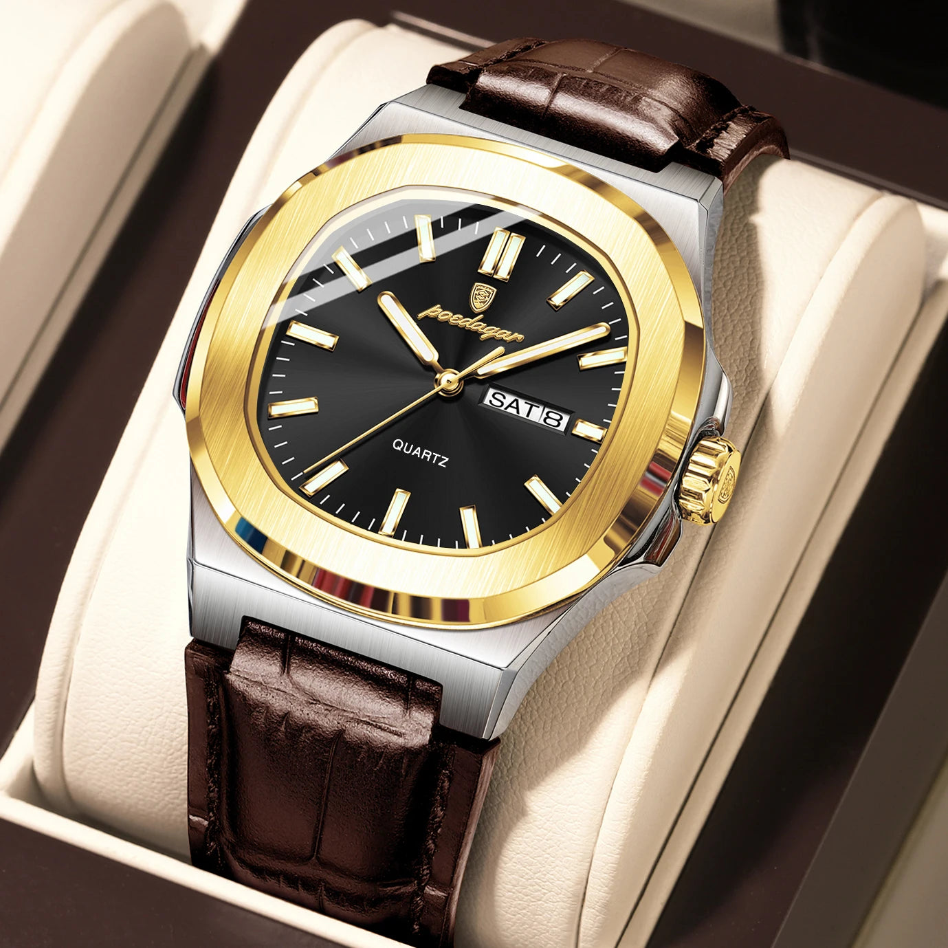 Watch Square Case Leather Strap with Date Window