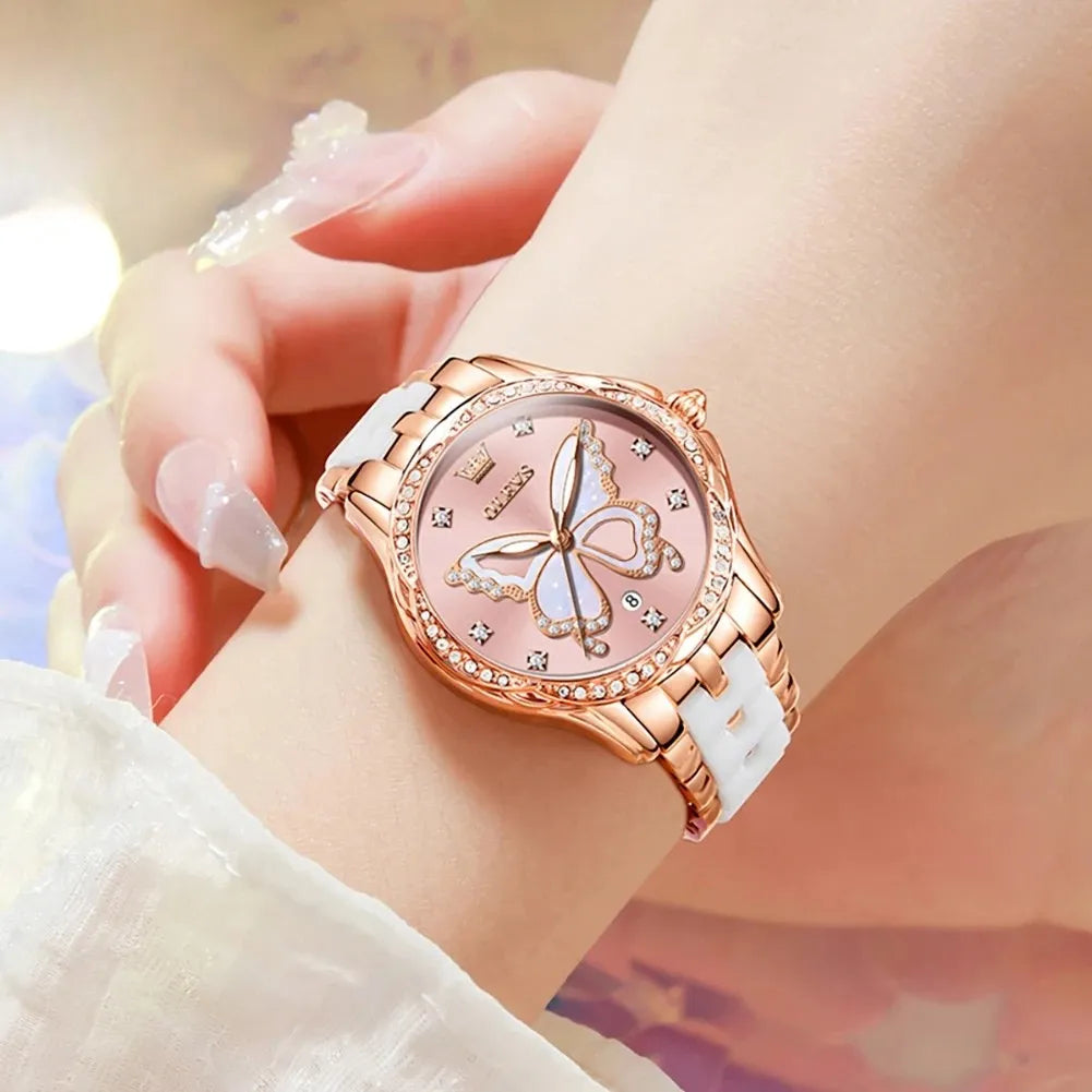 Watch Butterfly Dial Crystal Bezel and Luminous Hands - WO2MEN