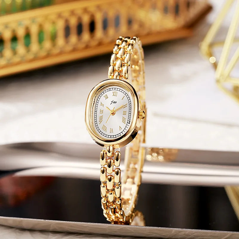 Oval Dial Bracelet Quartz Watch for Women Elegant - Gold White