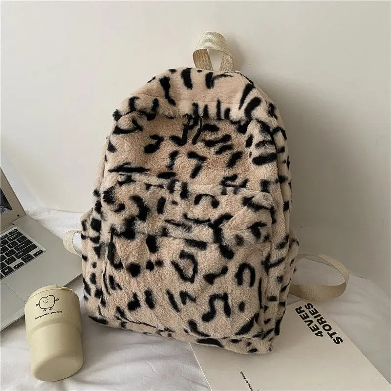 Leopard Print Fluffy Backpack for School Daily Use - Leopard