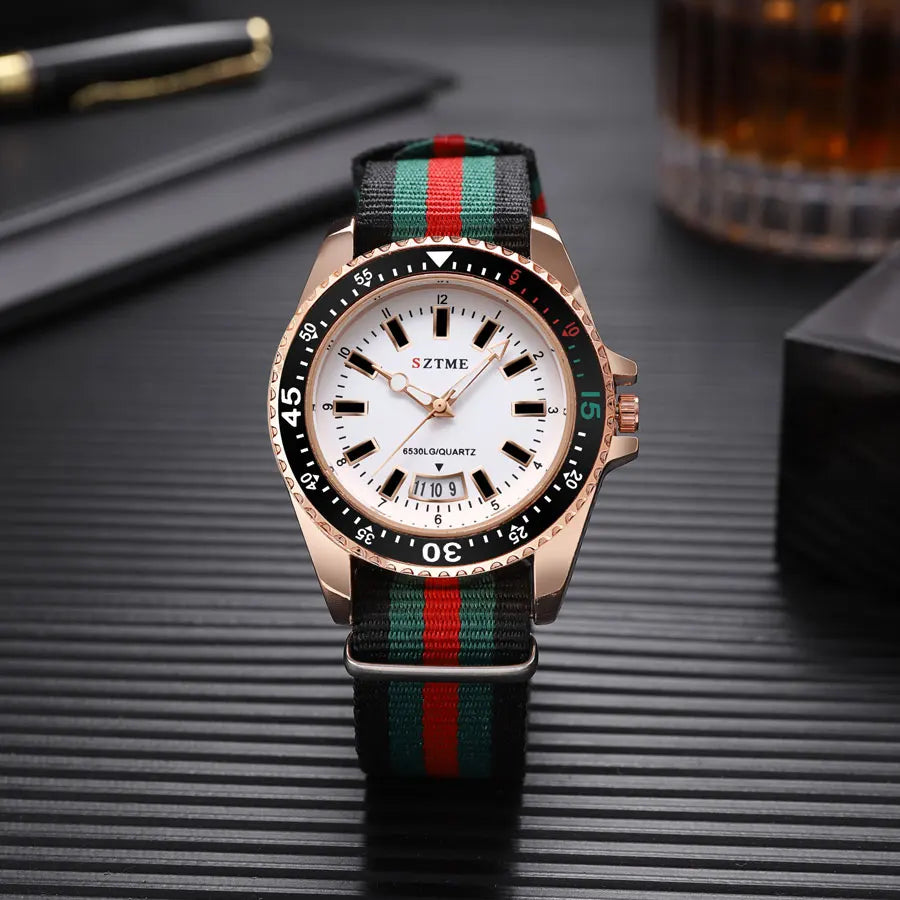 Calendar Watch With Striped Strap And Classic Case