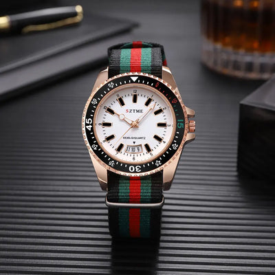 Calendar Watch With Striped Strap And Classic Case