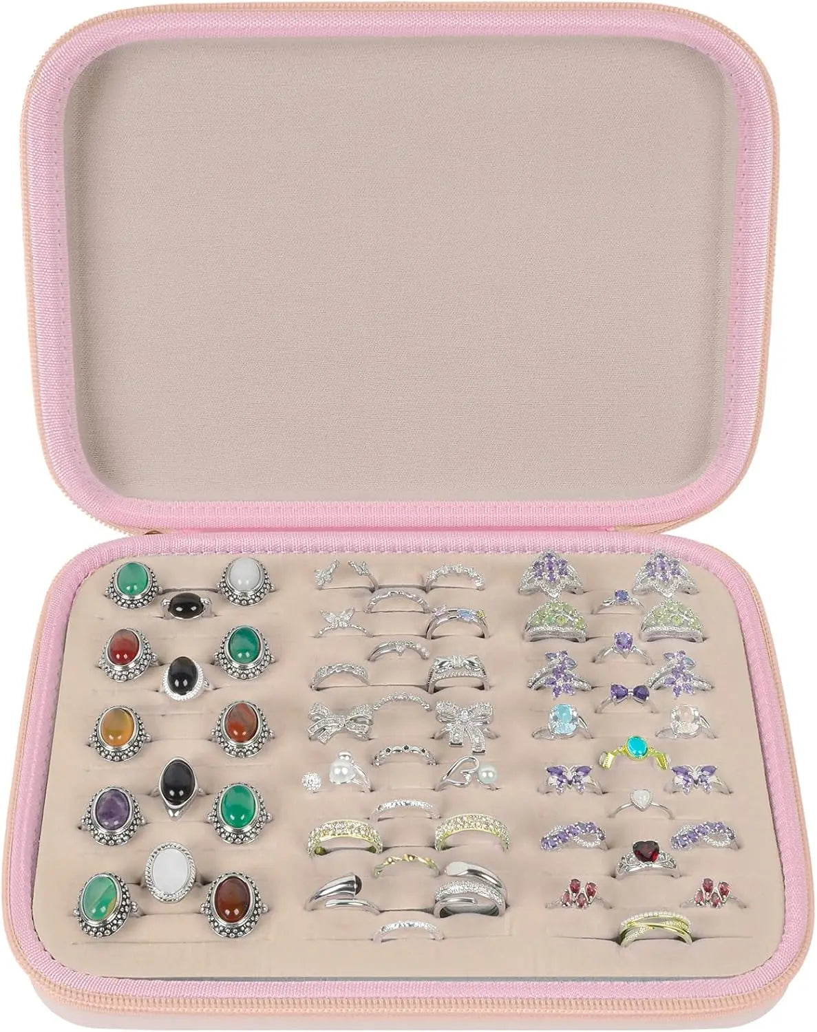 42 Slots Jewelry Box Velvet Lined Ring Organizer Case - Pink