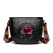 Flower Embossed Handbag with Wide Strap Circle Patch - Black