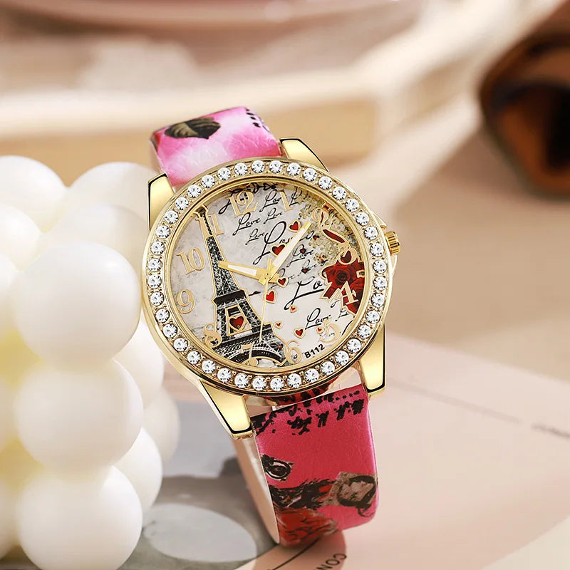 Eiffel Tower Dial Watch With Crystal Bezel Fashion