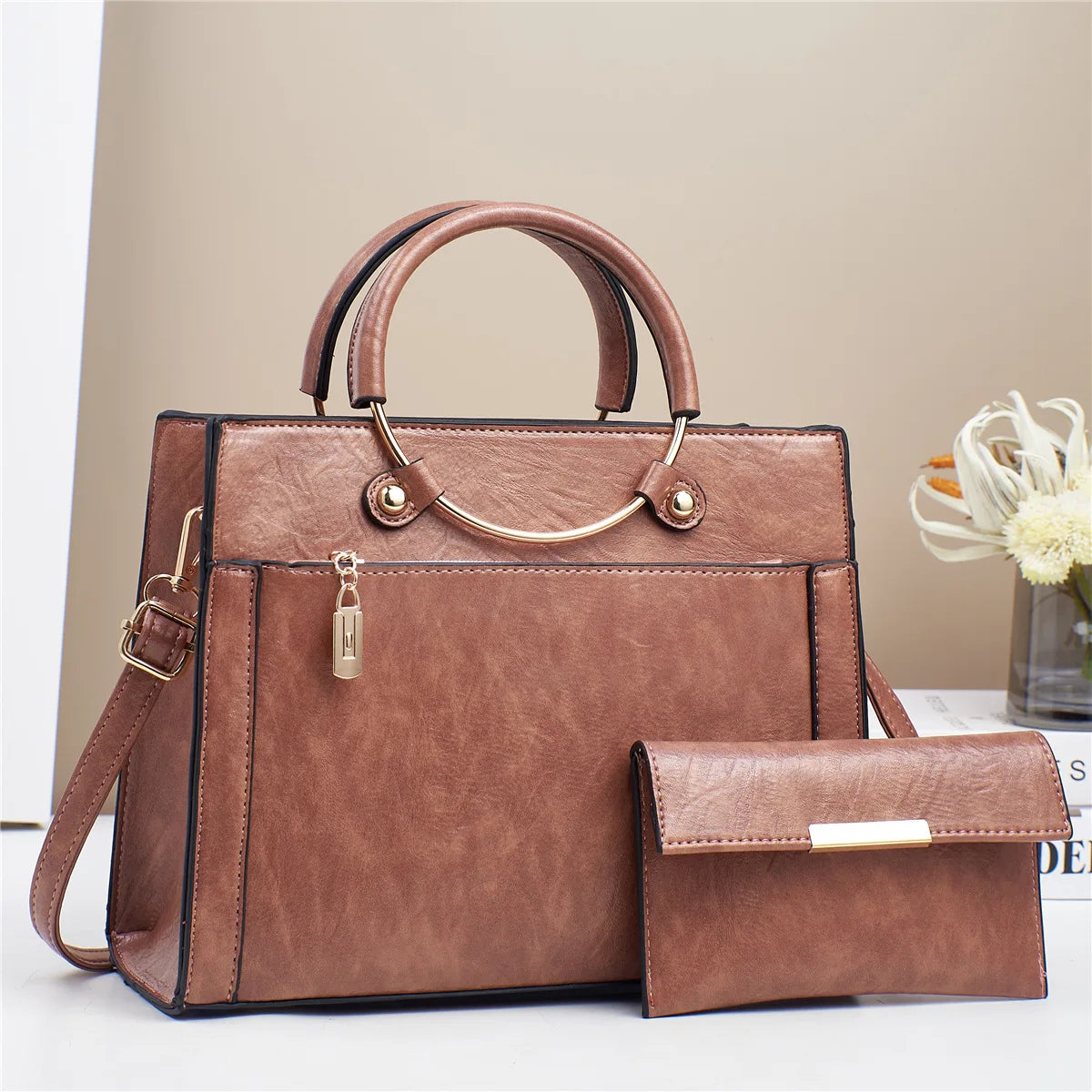 Structured Bucket Handbag with Gold Ring Handle - Brown