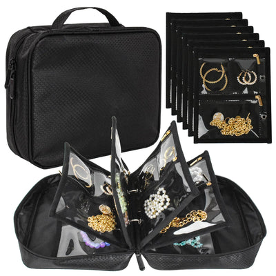 Travel Jewelry Organizer Case with Clear Pockets - Black