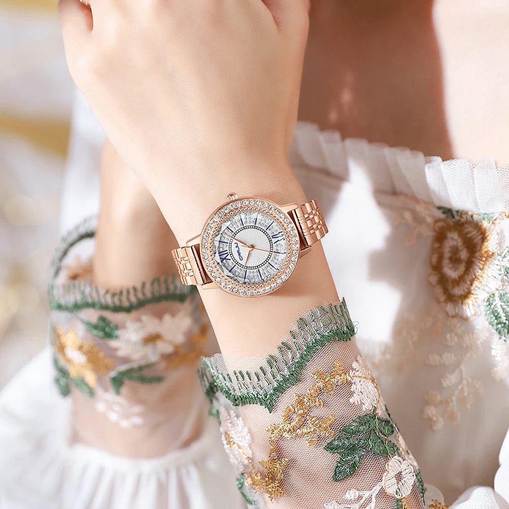 Crystal Halo Dial Dress Watch With Sparkling Bezel