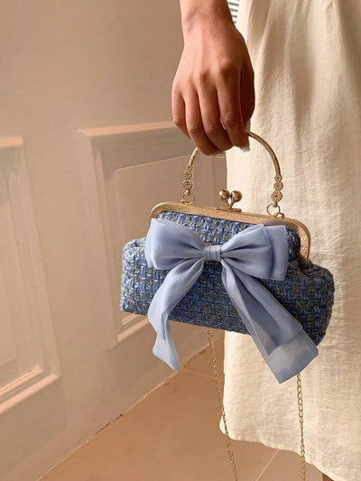 Elegant Handbag With Bow And Plaid Weave Chain Detail - WO2MEN