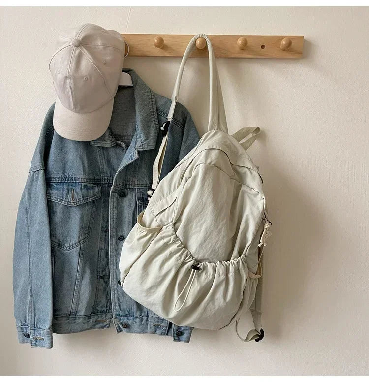 Casual Backpack Women Large Capacity Pleated Schoolbag - White