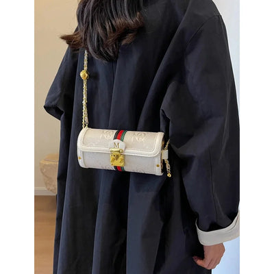 Cylindrical Crossbody Bag With Gold Lock And Chain