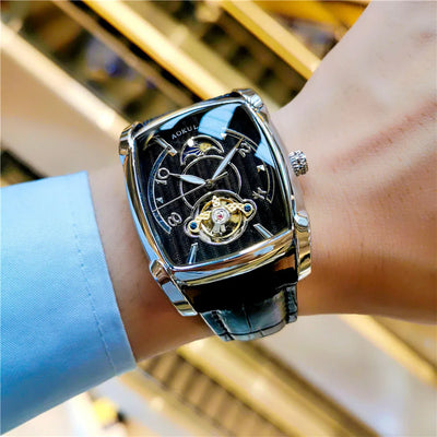 Tonneau Moon Phase Watch with Skeleton Dial Tourbillon - WO2MEN