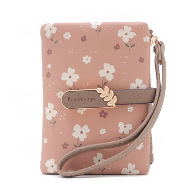 Floral Wallet with Leaf Flower Pattern Zipper - Bean Paste
