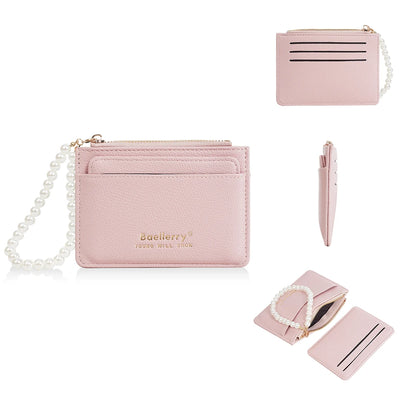 Pearl Chain Wallet Card Holder with Zipper Pocket - Pink