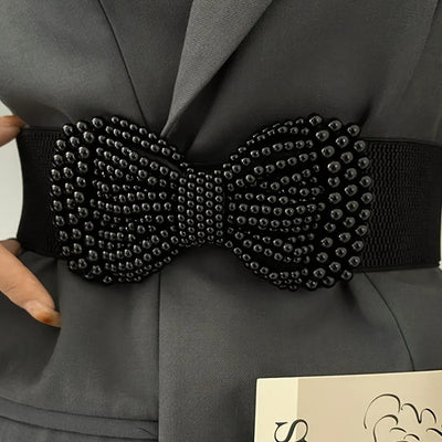 Pearl Bowknot Elastic Belt for Women Fashion Accessory