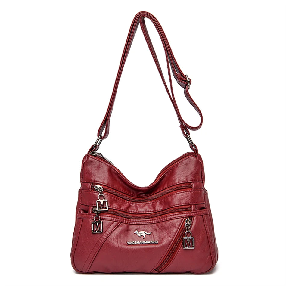 Crossbody Bag with Multiple Pockets and Zippered Front - Burgundy