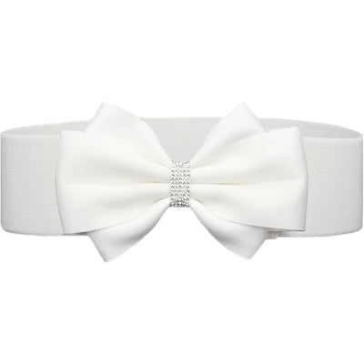 Elegant Elastic Bow Belt with Rhinestone Center - White