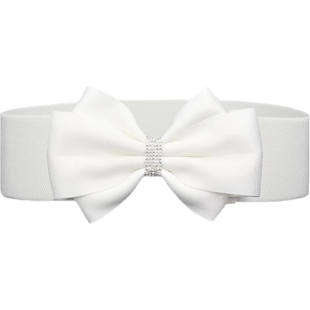 Elegant Elastic Bow Belt with Rhinestone Center - White