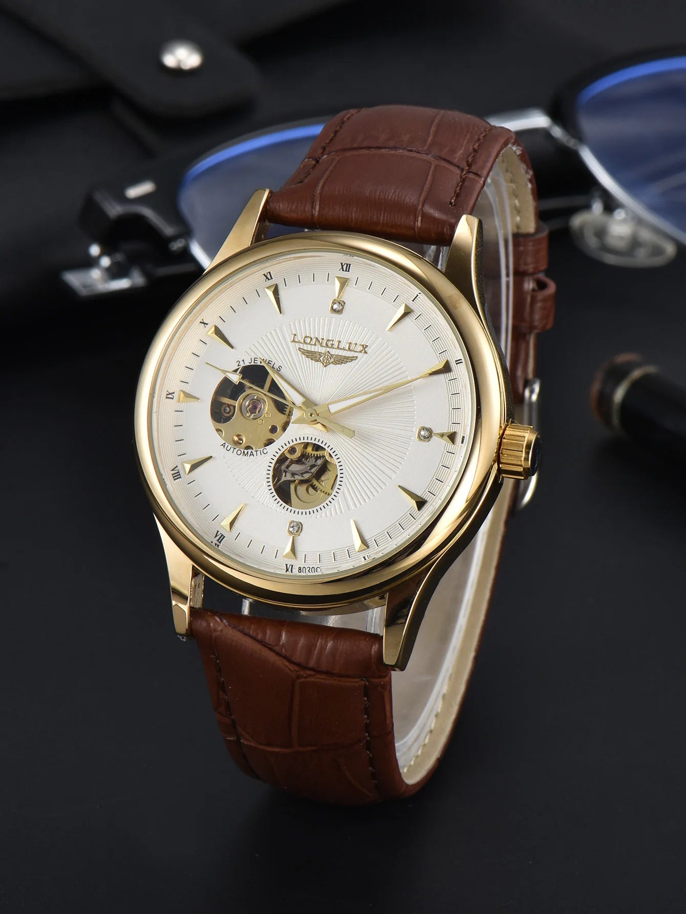 Mechanical Wristwatch Open Heart Leather Strap