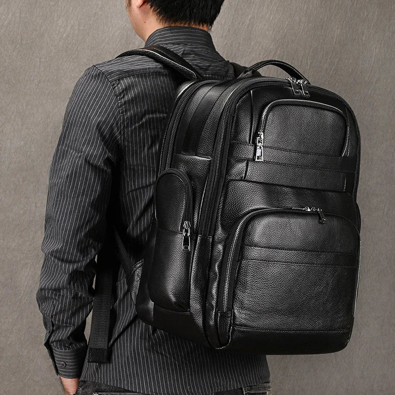Double Layer Leather Backpack for Men with USB Charging