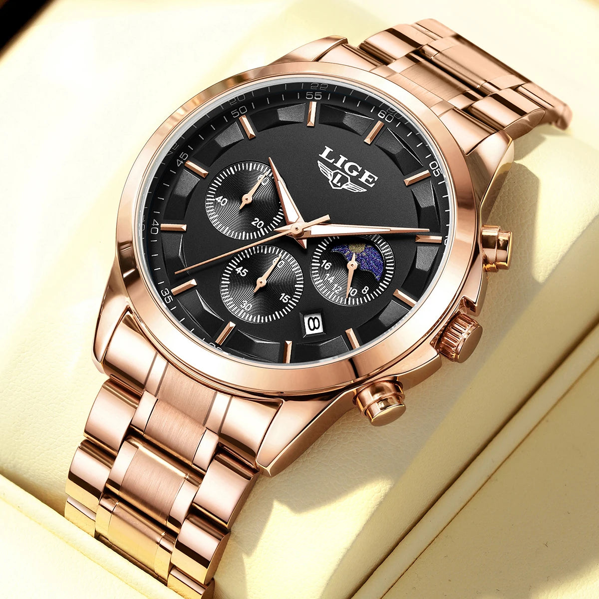 Moon Phase Chronograph Watch Auto Date Waterproof - Rose Gold Black