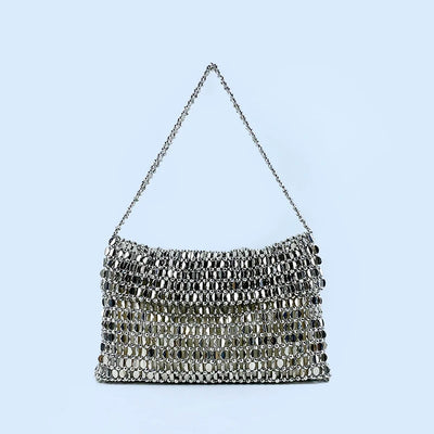 Sequin Disc Mesh Handwoven Shoulder Bag With Chain