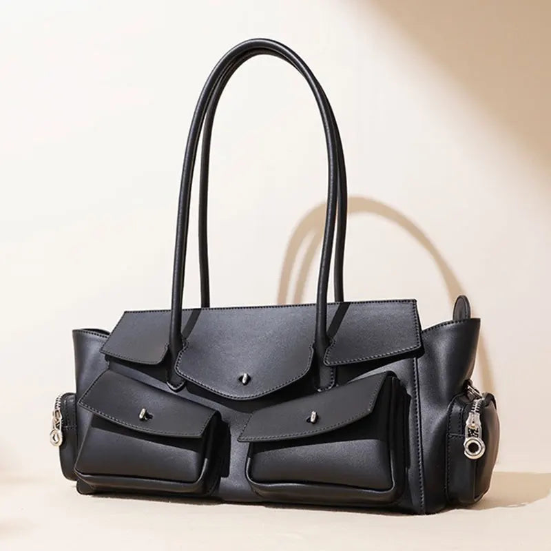 Genuine Cow Leather Shoulder Bag with Front Pockets