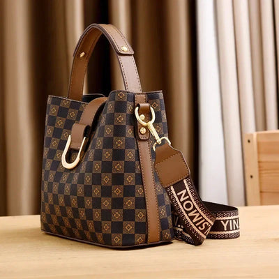 Checkerboard Bucket Bag With Straps And Metal Hardware