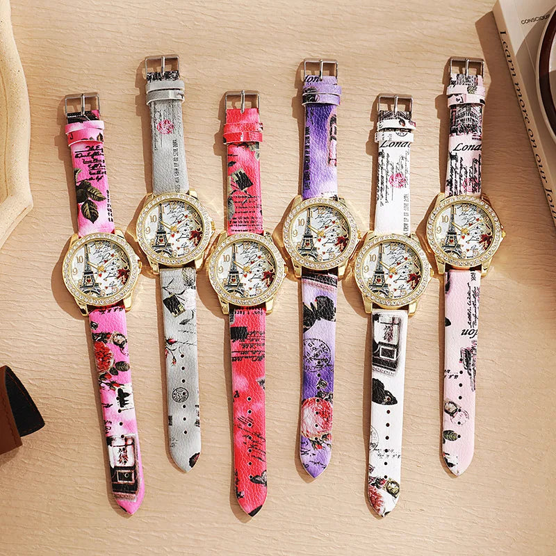 Eiffel Tower Dial Watch With Crystal Bezel Fashion