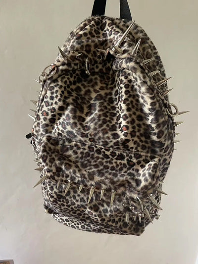 Leopard Print Spike Studded Backpack Large Capacity