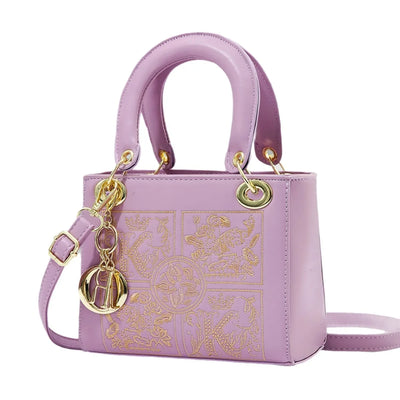 Embroidered Satchel With Gold Hardware Charm Detail