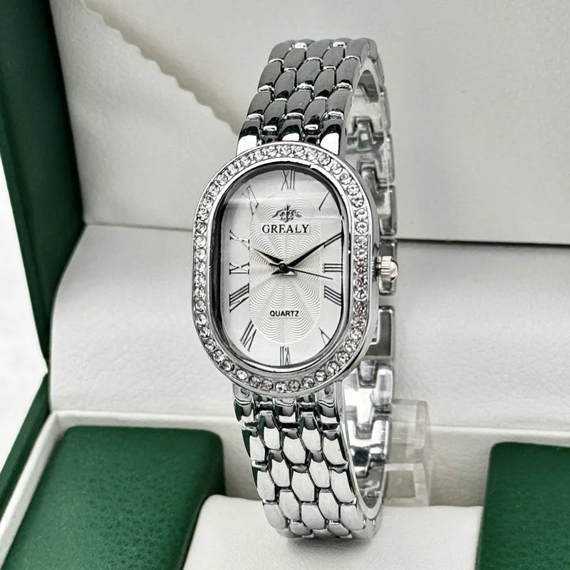 Oval Diamond Encrusted Watch with Roman Numeral Dial