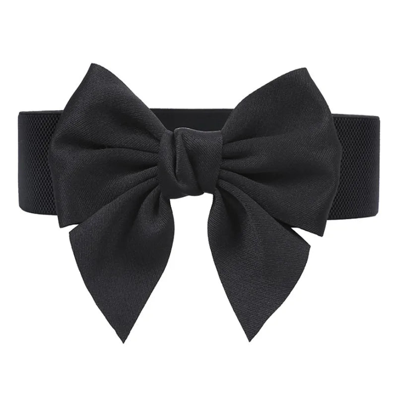 Bow Front Elastic Belt with Large Ribbon Accent - Black