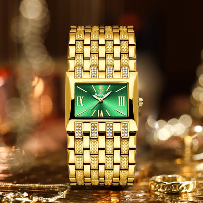 Elegant Womens Rectangular Dress Watch with Crystals - Gold Green