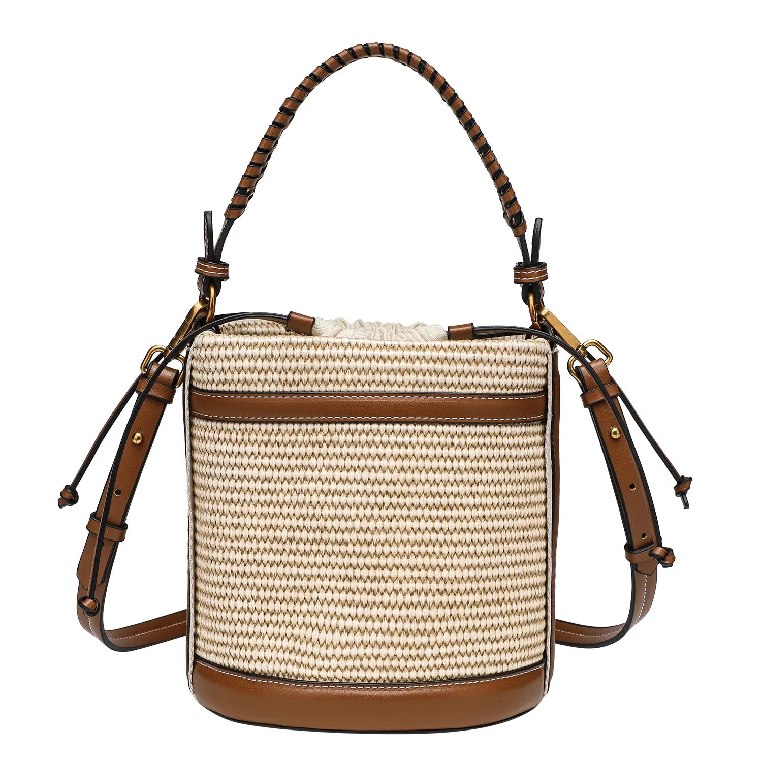 Bucket Bag with Braided Handle And Drawstring - Beige