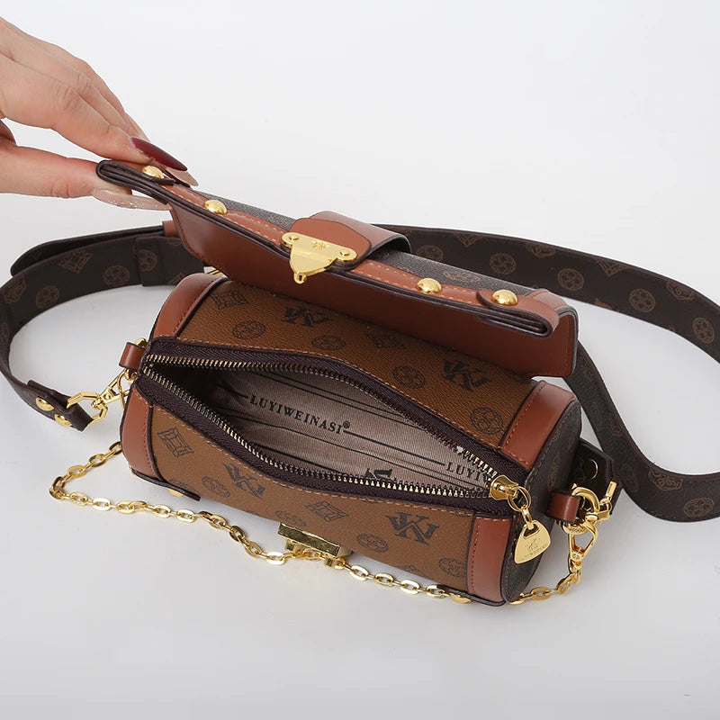 Monogram Barrel Shoulder Bag with Gold Lock Detailing
