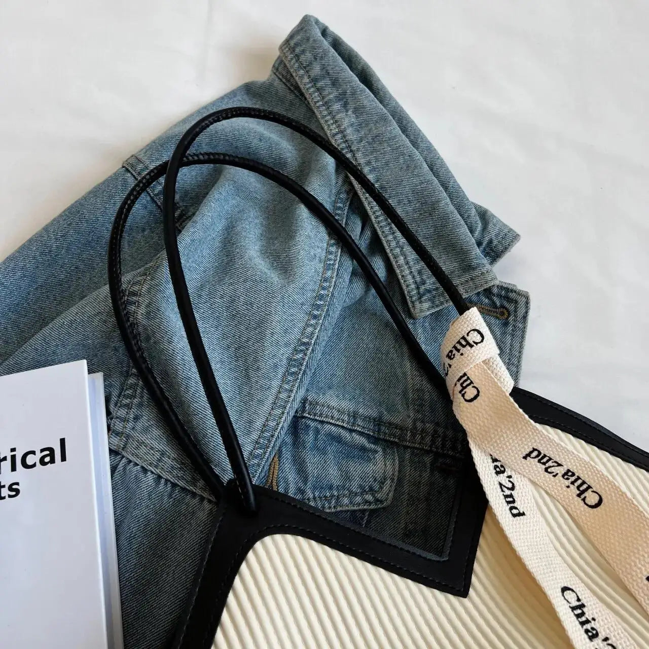 Handbag Pleated Texture Tote With Ribbon Detail Accent - WO2MEN